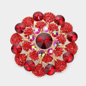 Gold Red Brooch Crystal Pin Bubble Stone Circle Style Rhinestones